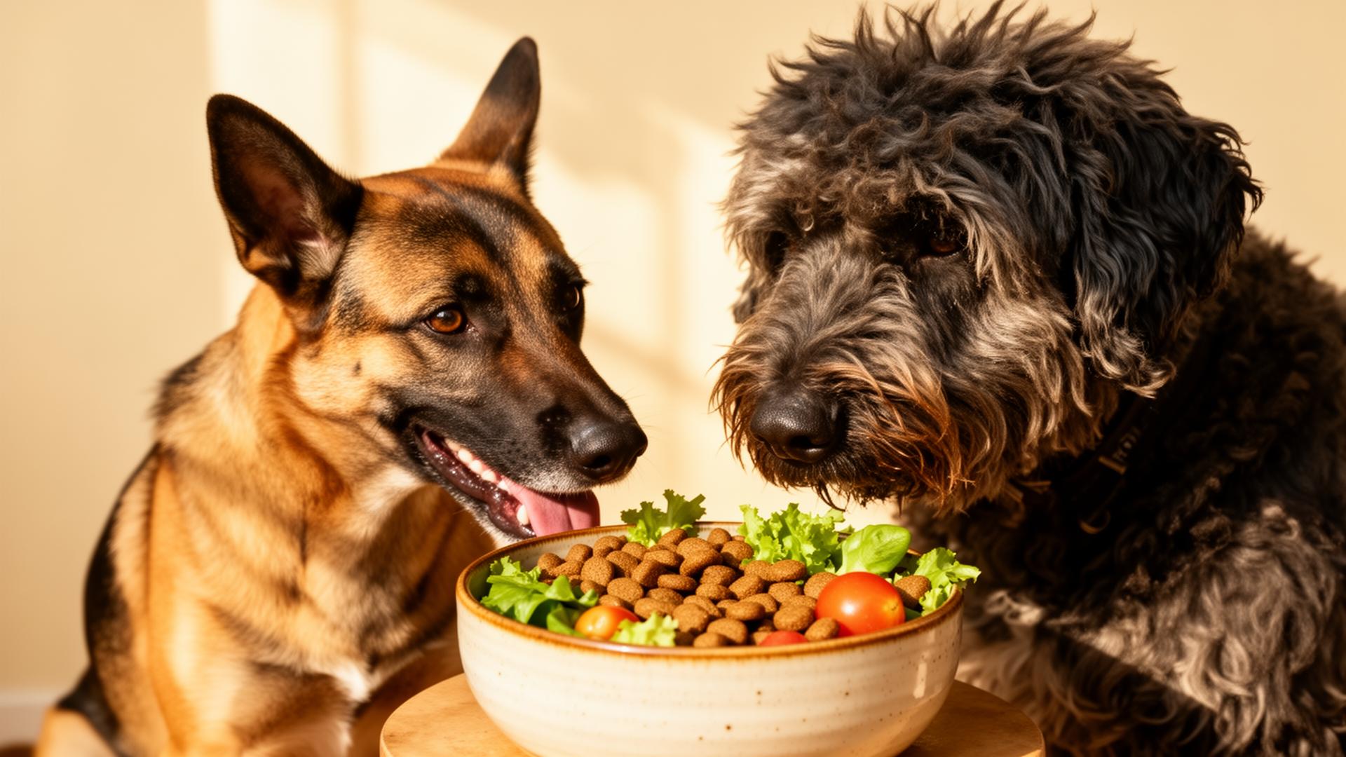 Twee blije honden bij een kom met verse hondenvoeding